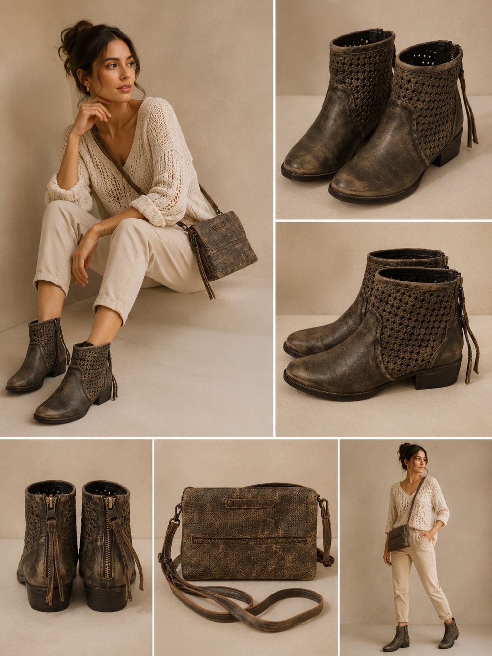 Rare Deal Distressed Brown Woven Leather Ankle Boots+ Matching Leather Bag FREE